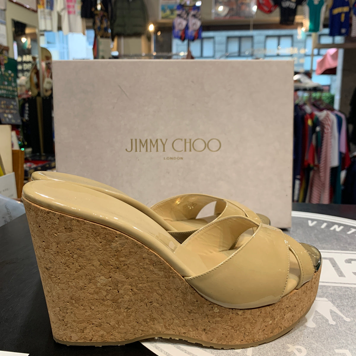 Sabot con zeppa in sughero Jimmy Choo modello classico vernice beige donna 39 1\2