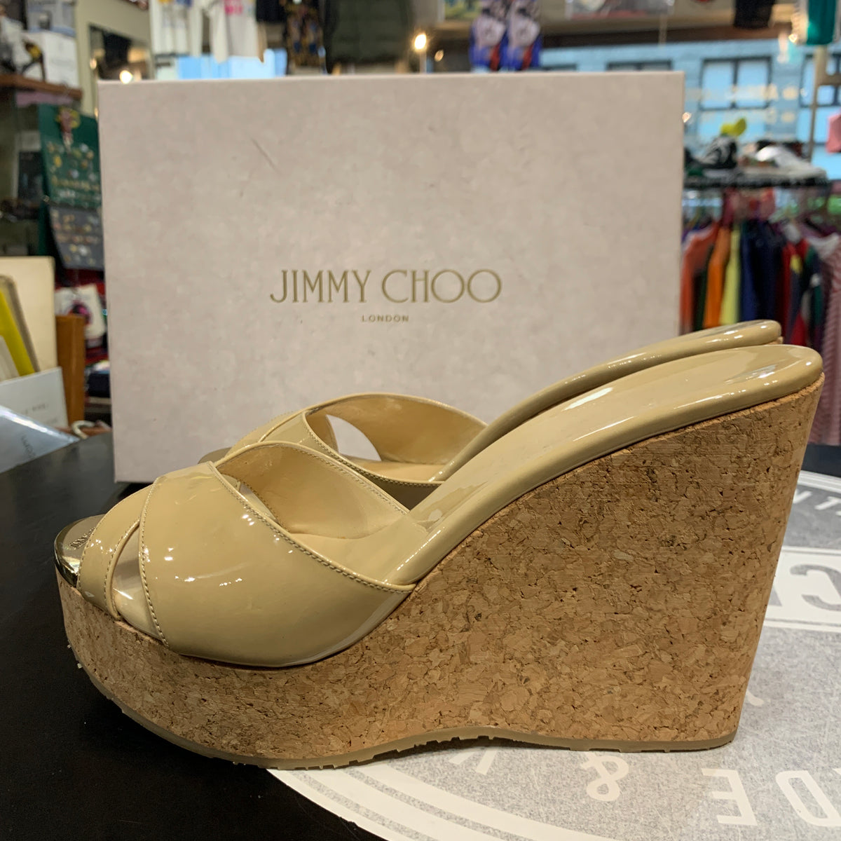 Sabot con zeppa in sughero Jimmy Choo modello classico vernice beige donna 39 1\2